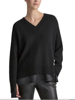 LAFAYETTE 148 Silk Charmeuse Trimmed V-Neck Cashmere Sweater in Black - 2X